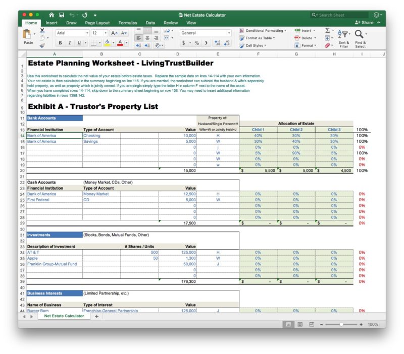 estate planning living trust asset allocation worksheet excel