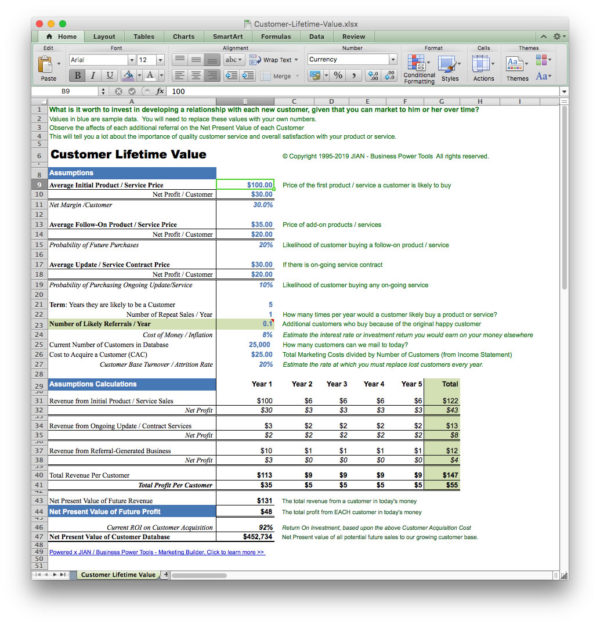 screen image customer lifetime value excel