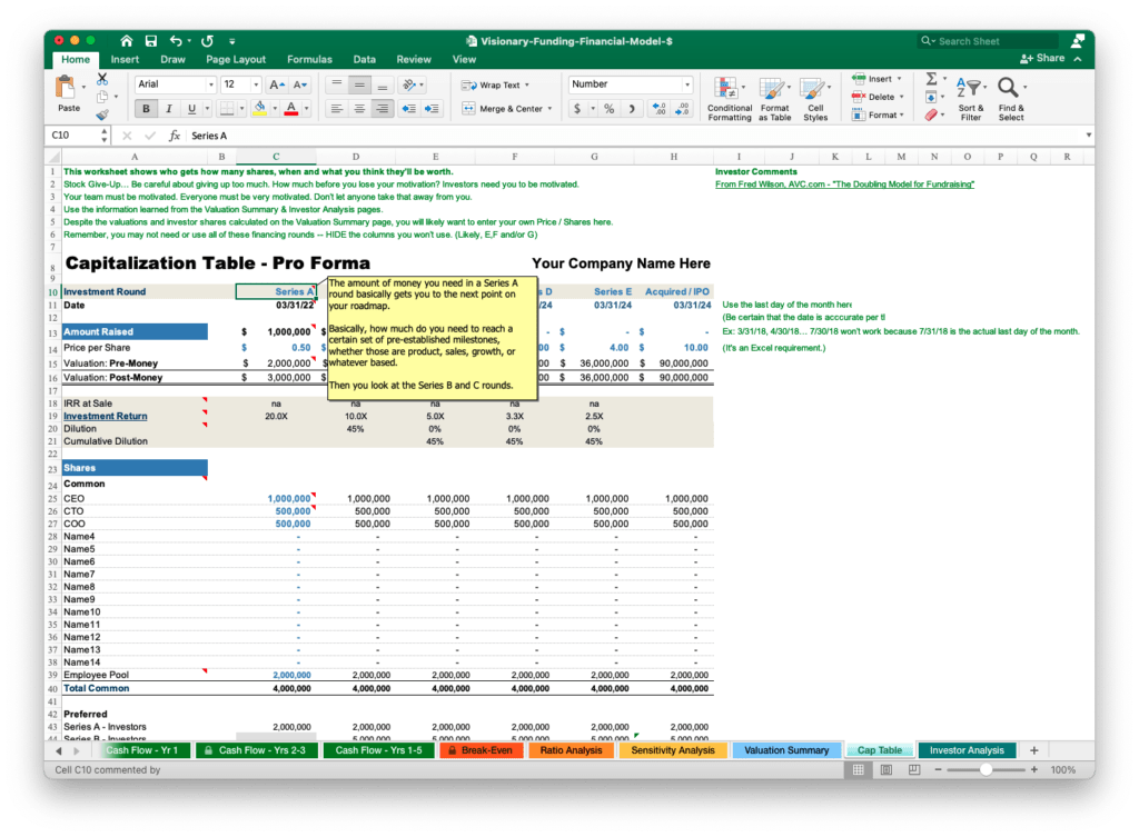 free shark tank business plan cap table excel template