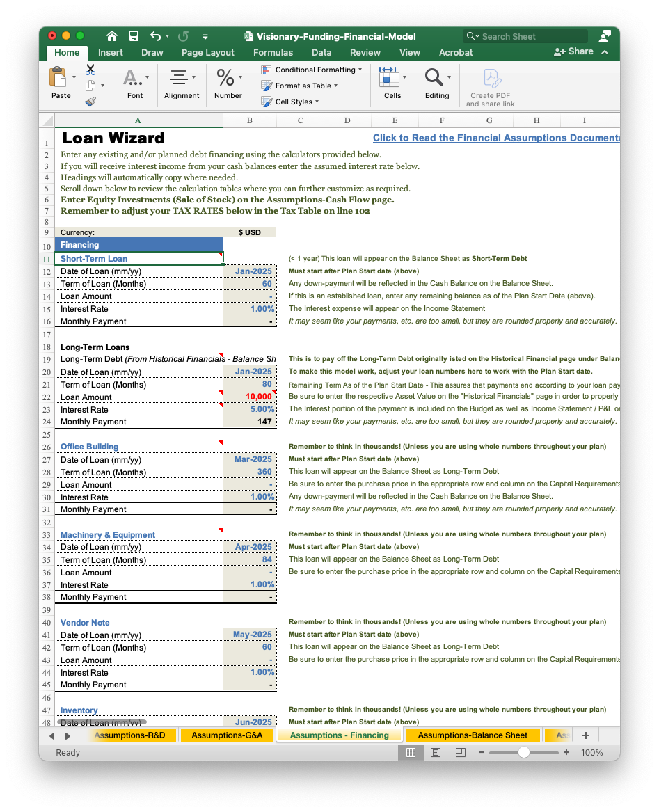 screen image business plan debt financing wizard excel worksheet